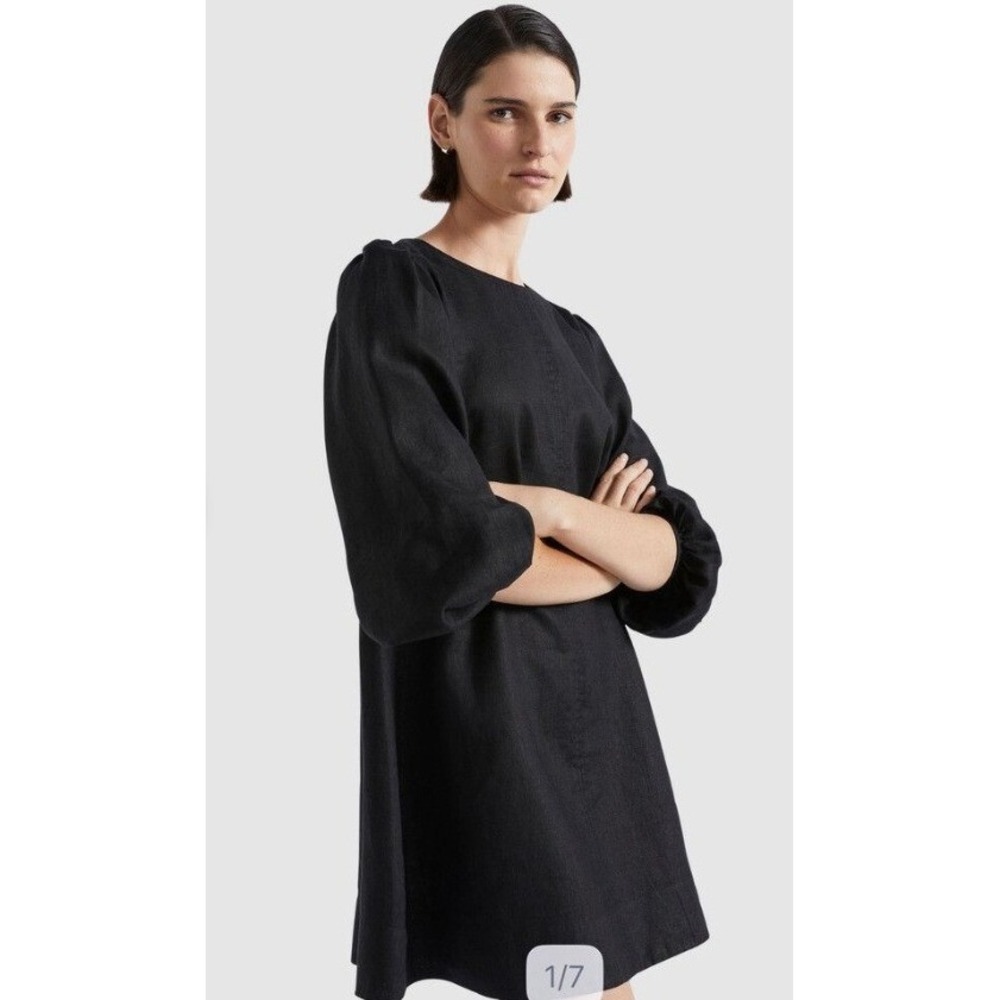 Seed Heritage 16 Dress Women Black Linen Puff Sleeve Shift Capsule Casual LBD